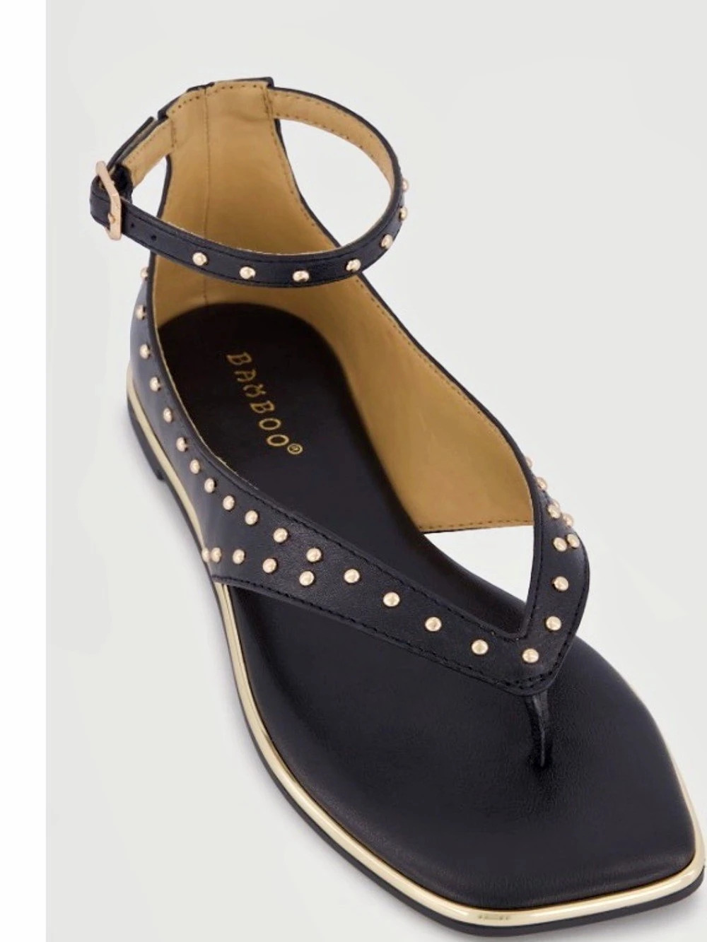 Bamboo Studded Ankle Strap Sandals in Black